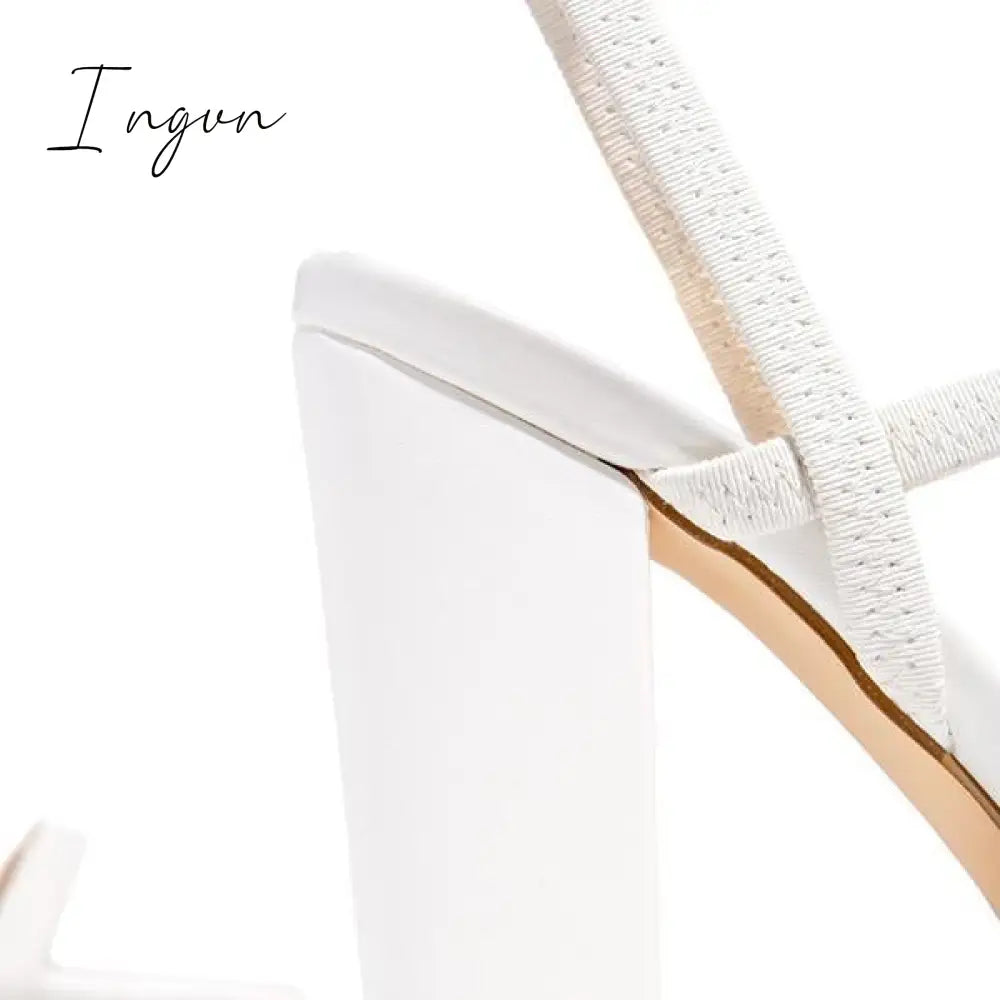 Ingvn - Elastic Straps Squared Toe Chunky Heels Sandals