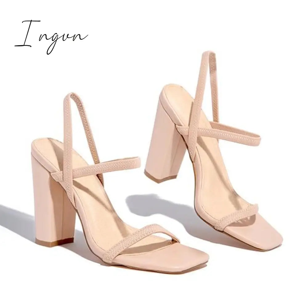 Ingvn - Elastic Straps Squared Toe Chunky Heels Sandals
