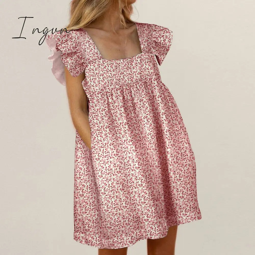 Ingvn - Elegant Butterfly Sleeve Ruffle Mini Dress Casual Square Collar Print Party Women Summer