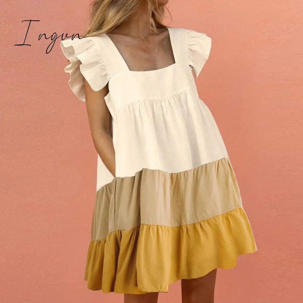 Ingvn - Elegant Butterfly Sleeve Ruffle Mini Dress Casual Square Collar Print Party Women Summer