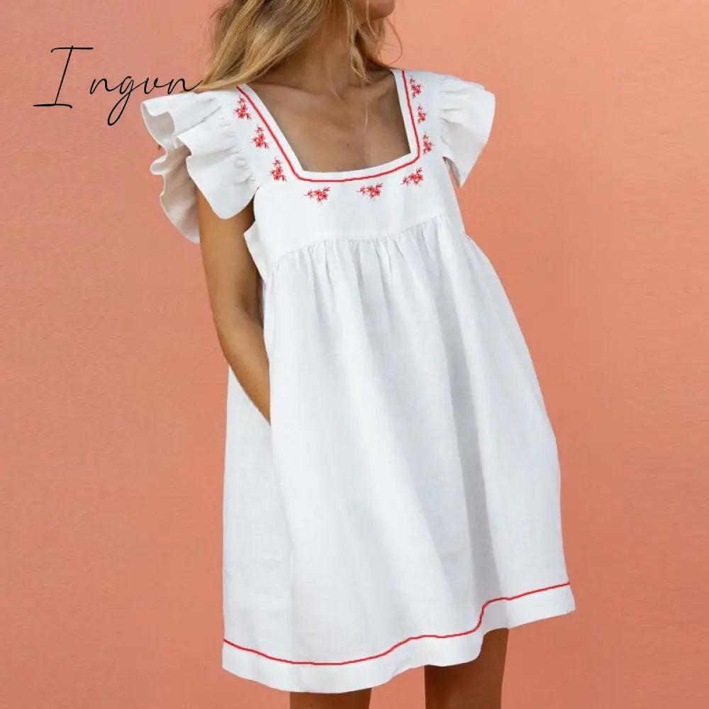 Ingvn - Elegant Butterfly Sleeve Ruffle Mini Dress Casual Square Collar Print Party Women Summer