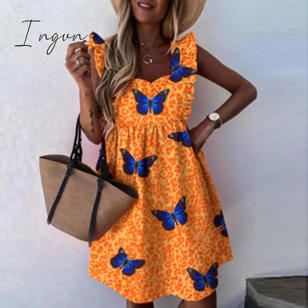 Ingvn - Elegant Butterfly Sleeve Ruffle Mini Dress Casual Square Collar Print Party Women Summer
