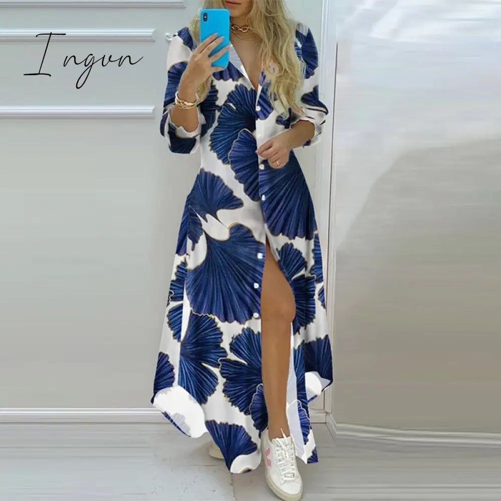 Ingvn - Elegant Colorful Stripe Print Long Dress Women Single Breasted Button Spring Party Summer
