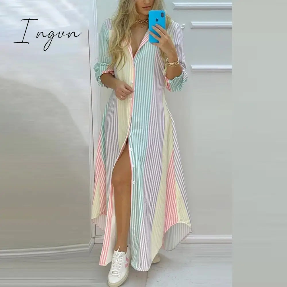 Ingvn - Elegant Colorful Stripe Print Long Dress Women Single Breasted Button Spring Party Summer