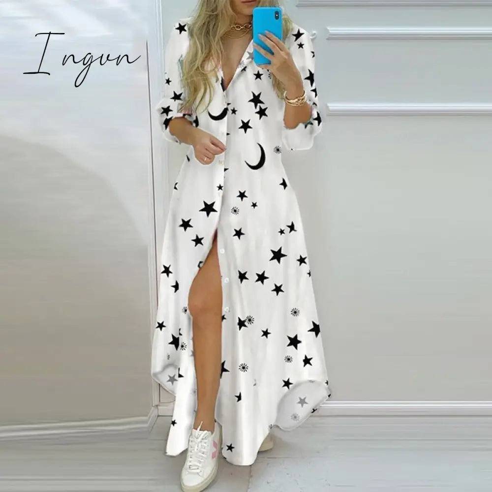 Ingvn - Elegant Colorful Stripe Print Long Dress Women Single Breasted Button Spring Party Summer