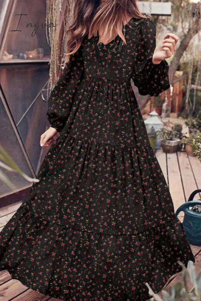 Ingvn - Elegant Floral Patchwork V Neck Printed Dress Dresses Dresses/Floral