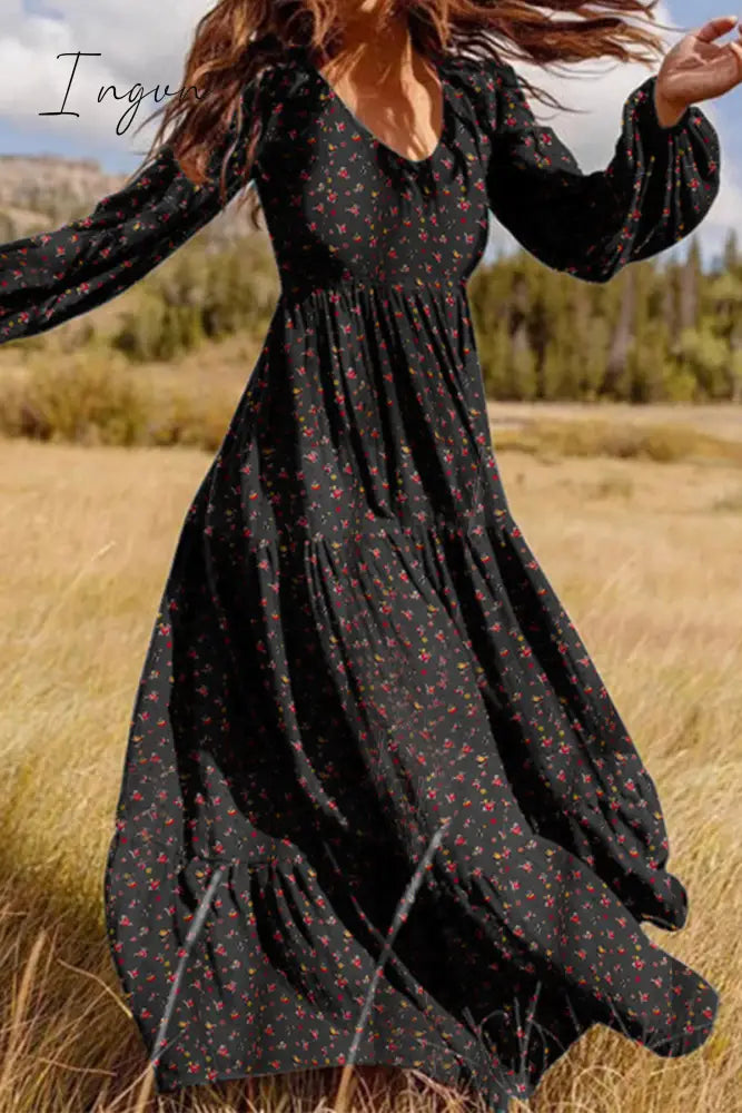 Ingvn - Elegant Floral Patchwork V Neck Printed Dress Dresses Dresses/Floral