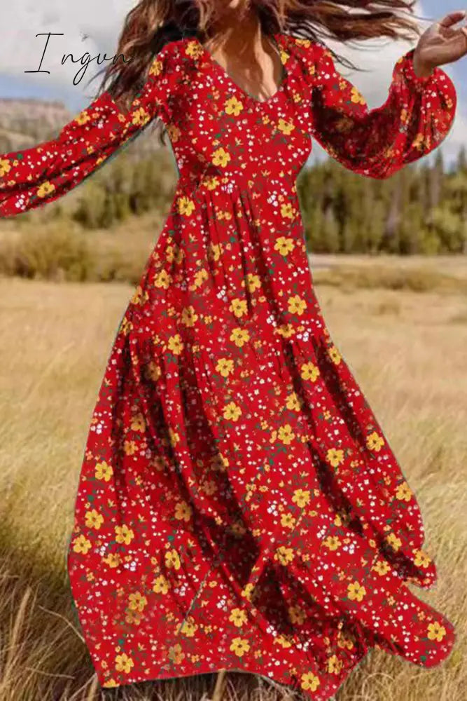 Ingvn - Elegant Floral Patchwork V Neck Printed Dress Dresses Red / M Dresses/Floral