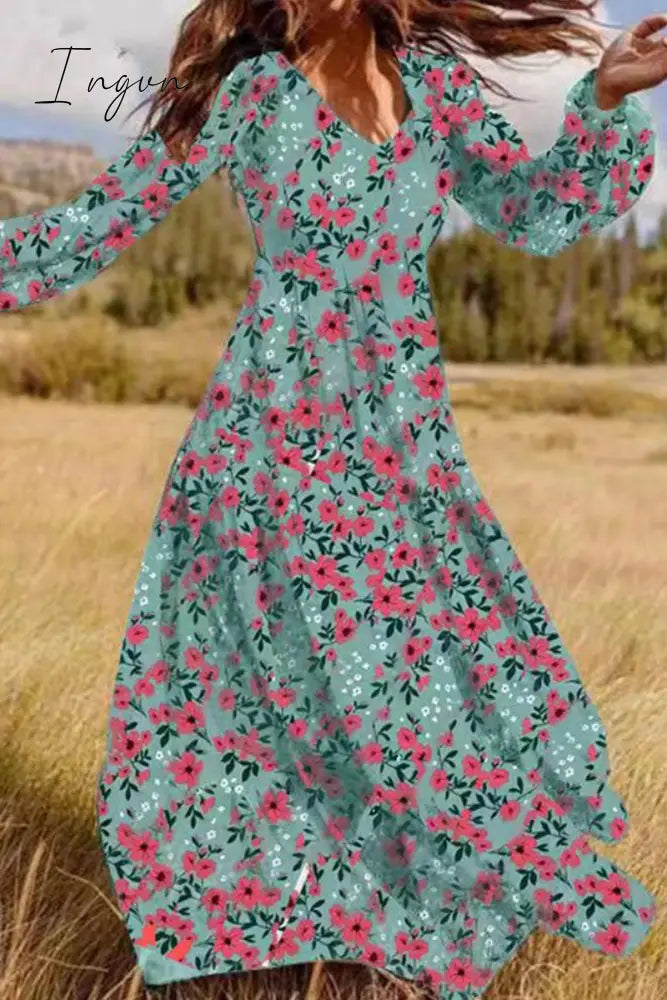 Ingvn - Elegant Floral Patchwork V Neck Printed Dress Dresses Turquoise / M Dresses/Floral