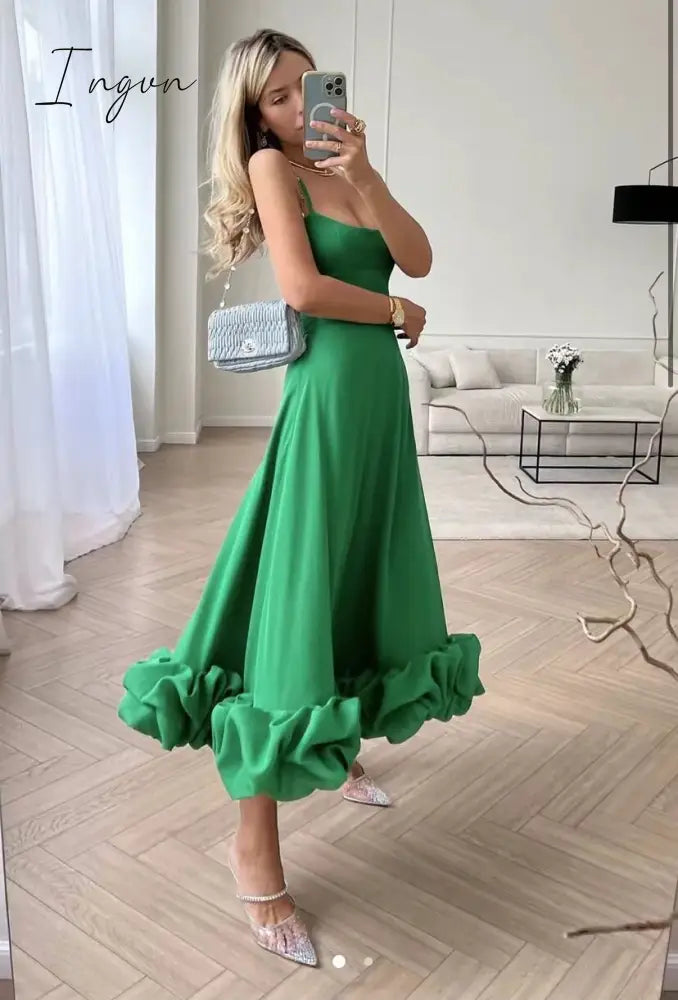 Ingvn - Elegant Flower Hem Sexy Midi Dress Women Spaghetti Strap Sleeveless Backless A- Line Loose