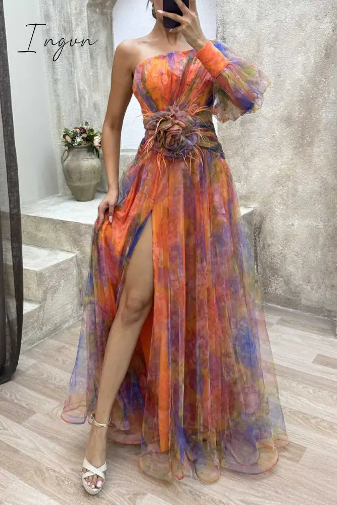 Ingvn - Elegant Gradual Change Slit Oblique Collar Evening Dress Dresses Dresses/Casual