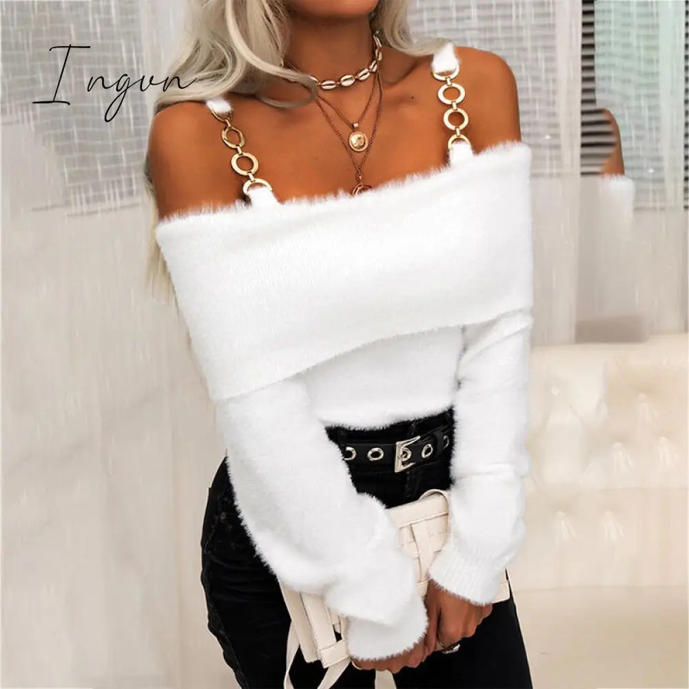 Ingvn - Elegant Off Shoulder Knitted Sweater Women Winter Slim Oversized Sweaters Pullovers Autumn