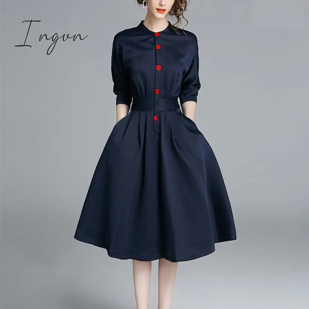 Ingvn - Elegant Single - Breasted Shirt Dress Women Fashion Long - Sleeved Button Office Ladies