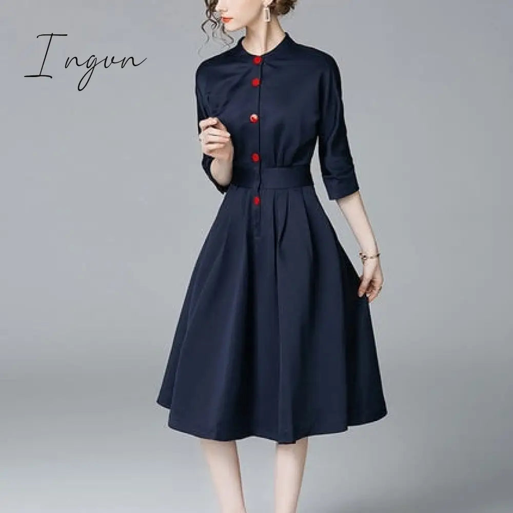 Ingvn - Elegant Single - Breasted Shirt Dress Women Fashion Long - Sleeved Button Office Ladies