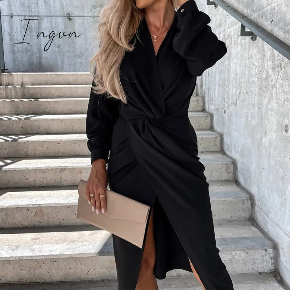 Ingvn - Elegant Slim Fit Cross V Neck Party Dress High Street Office Lady Summer Women Casual Long