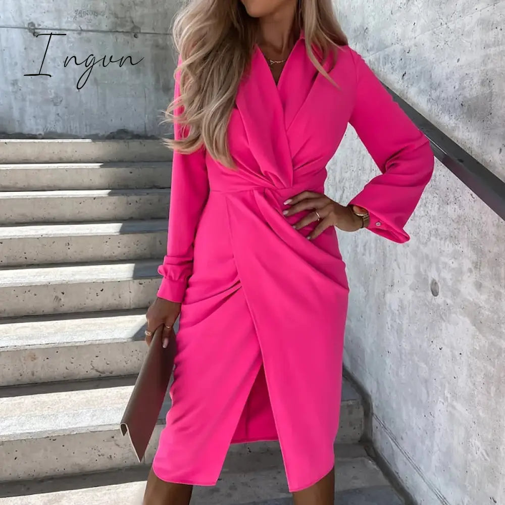 Ingvn - Elegant Slim Fit Cross V Neck Party Dress High Street Office Lady Summer Women Casual Long