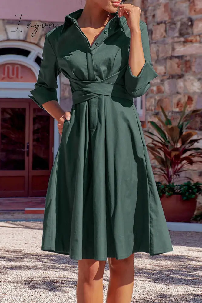 Ingvn - Elegant Solid Bandage Pocket Buttons Turndown Collar Shirt Dress Dresses Dresses/Casual