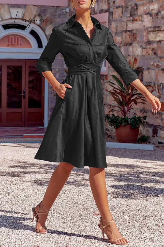 Ingvn - Elegant Solid Bandage Pocket Buttons Turndown Collar Shirt Dress Dresses Dresses/Casual