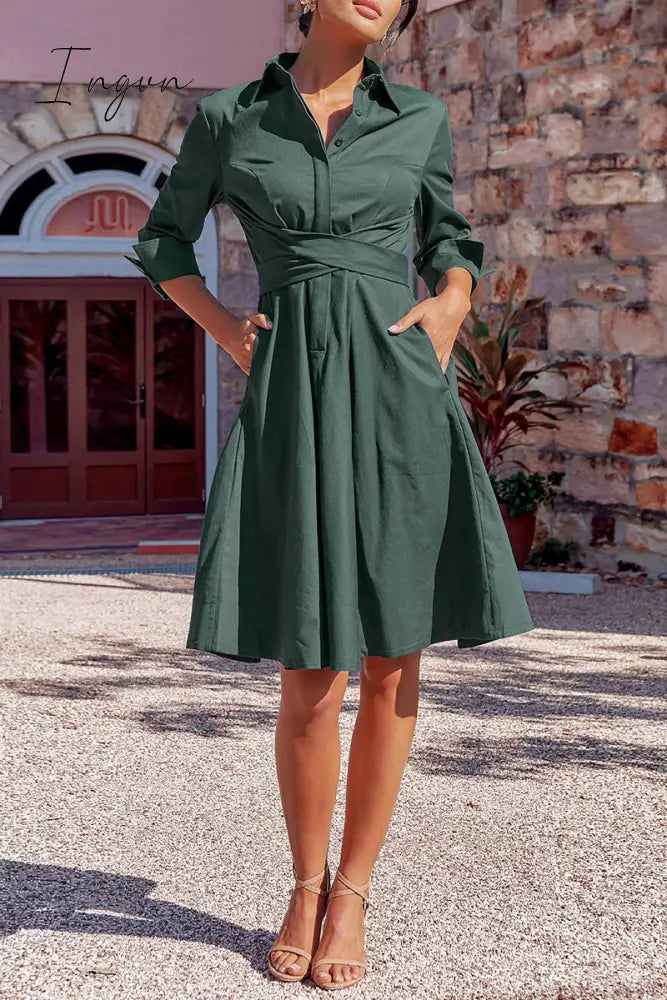 Ingvn - Elegant Solid Bandage Pocket Buttons Turndown Collar Shirt Dress Dresses Dresses/Casual
