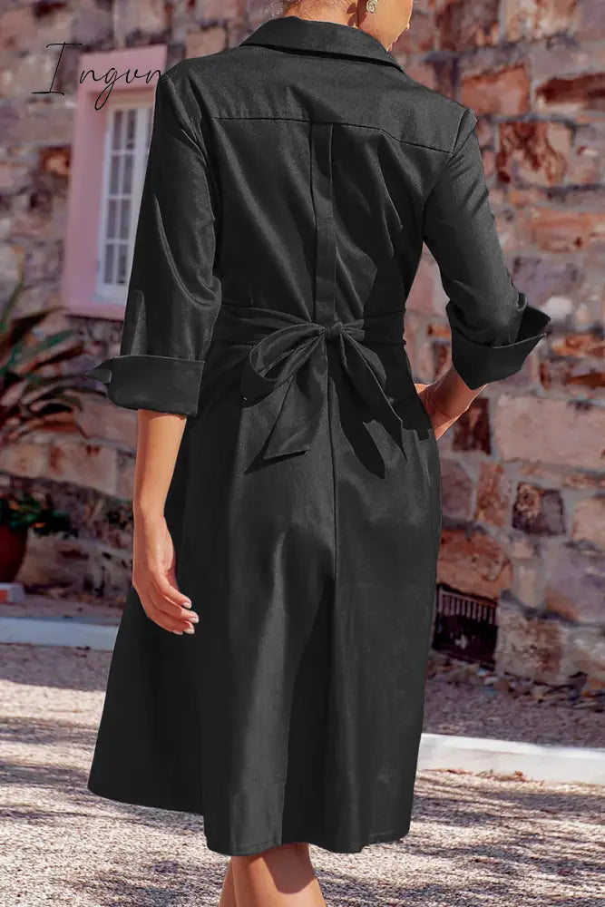 Ingvn - Elegant Solid Bandage Pocket Buttons Turndown Collar Shirt Dress Dresses Dresses/Casual