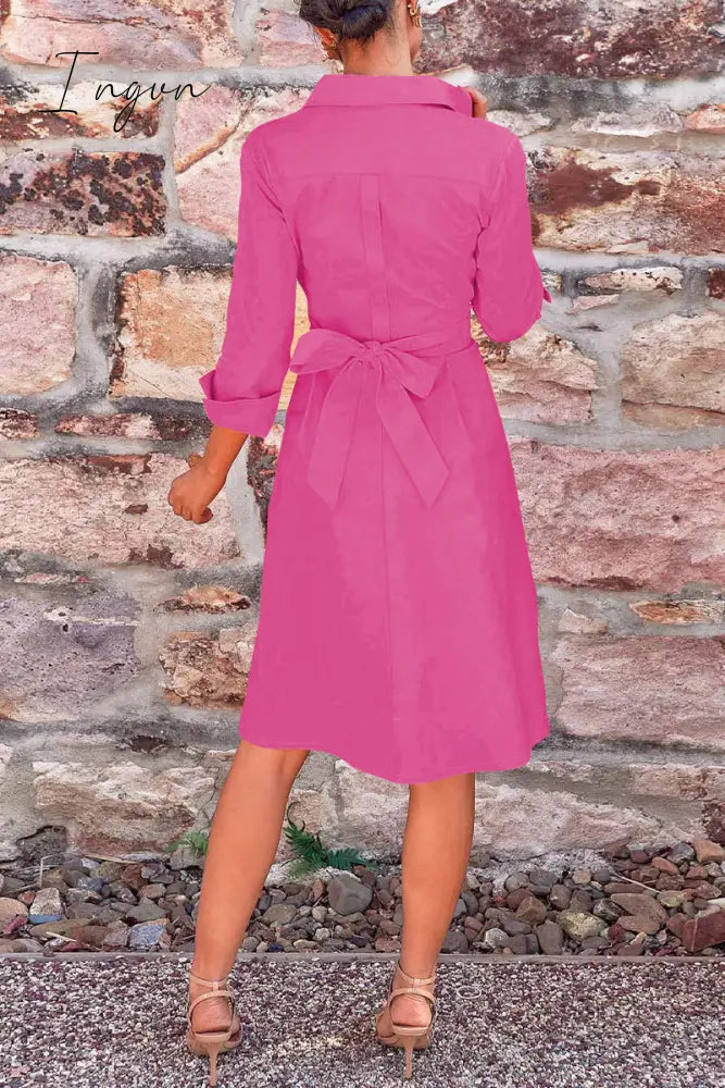 Ingvn - Elegant Solid Bandage Pocket Buttons Turndown Collar Shirt Dress Dresses Dresses/Casual