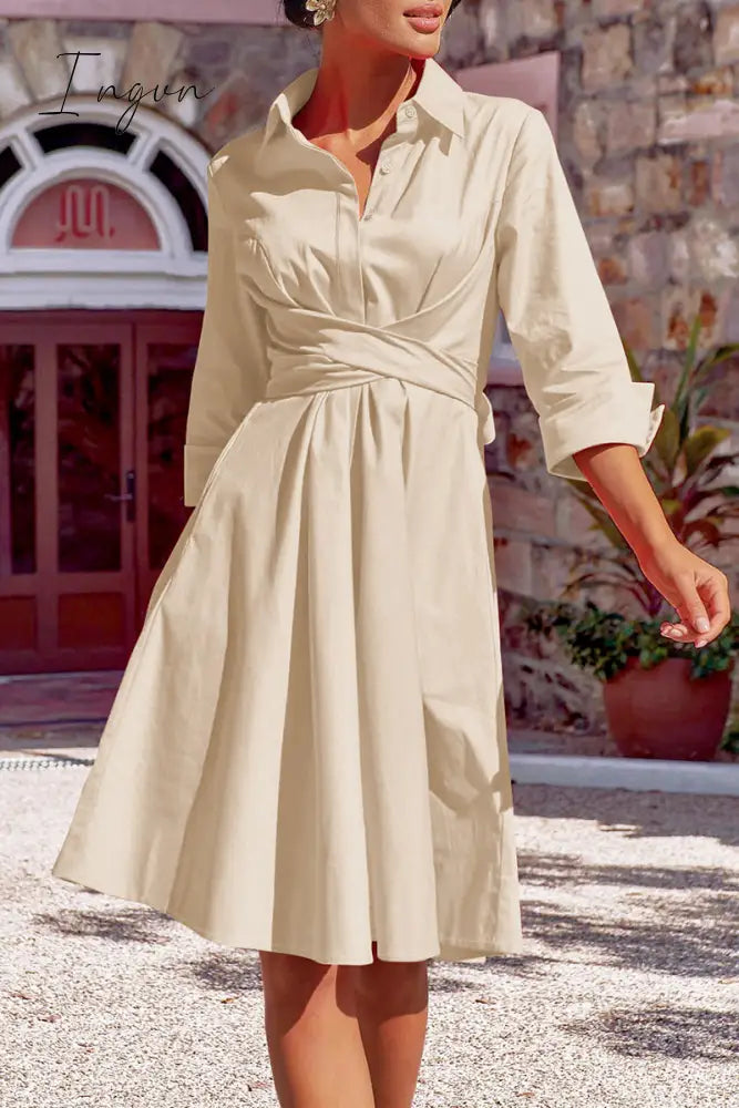 Ingvn - Elegant Solid Bandage Pocket Buttons Turndown Collar Shirt Dress Dresses Dresses/Casual