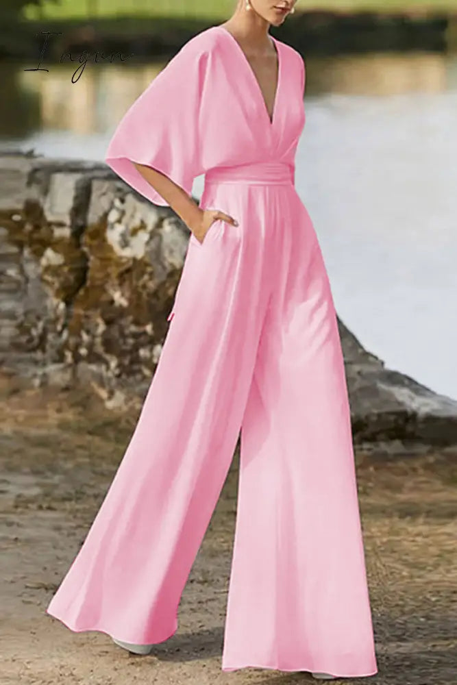 Ingvn - Elegant Solid Color V Neck Boot Cut Jumpsuits(7 Colors) Pink / S Jumpsuits &