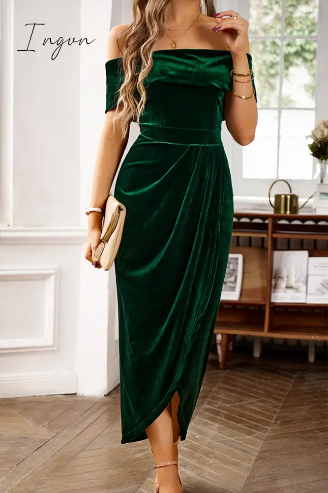 Ingvn - Elegant Solid Fold Off The Shoulder One Step Skirt Dresses Green / S Dresses/Casual