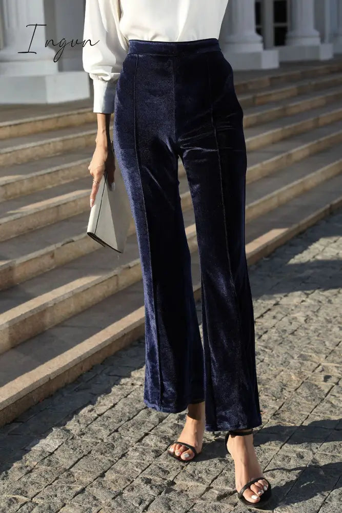 Ingvn - Elegant Solid Patchwork High Waist Speaker Color Bottoms(5 Colors) Navy Blue / S