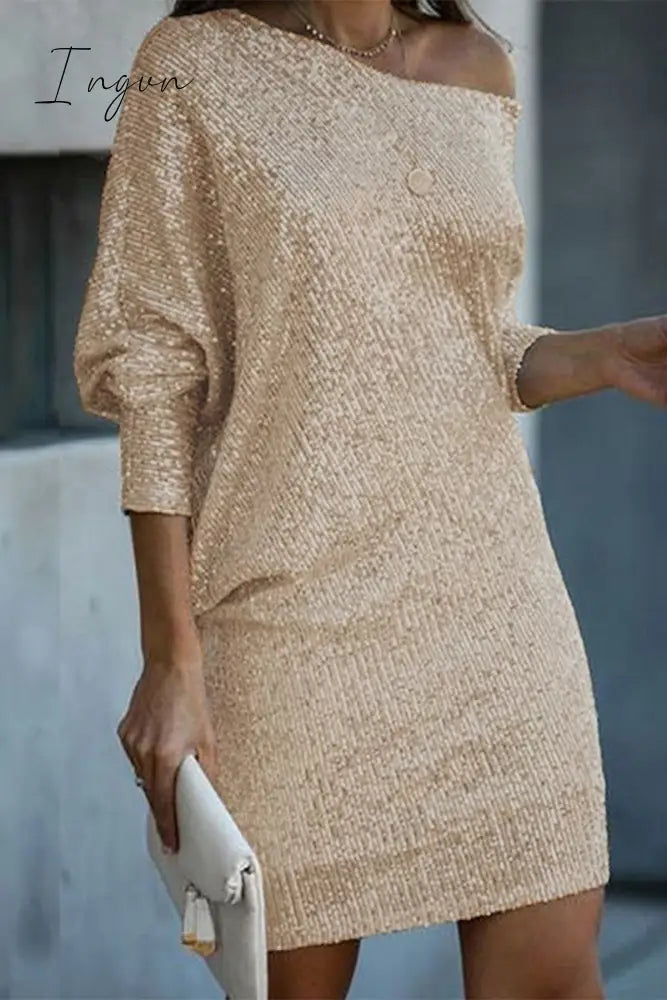 Ingvn - Elegant Solid Sequins Oblique Collar A Line Dresses Light Gold / S Dresses/Casual