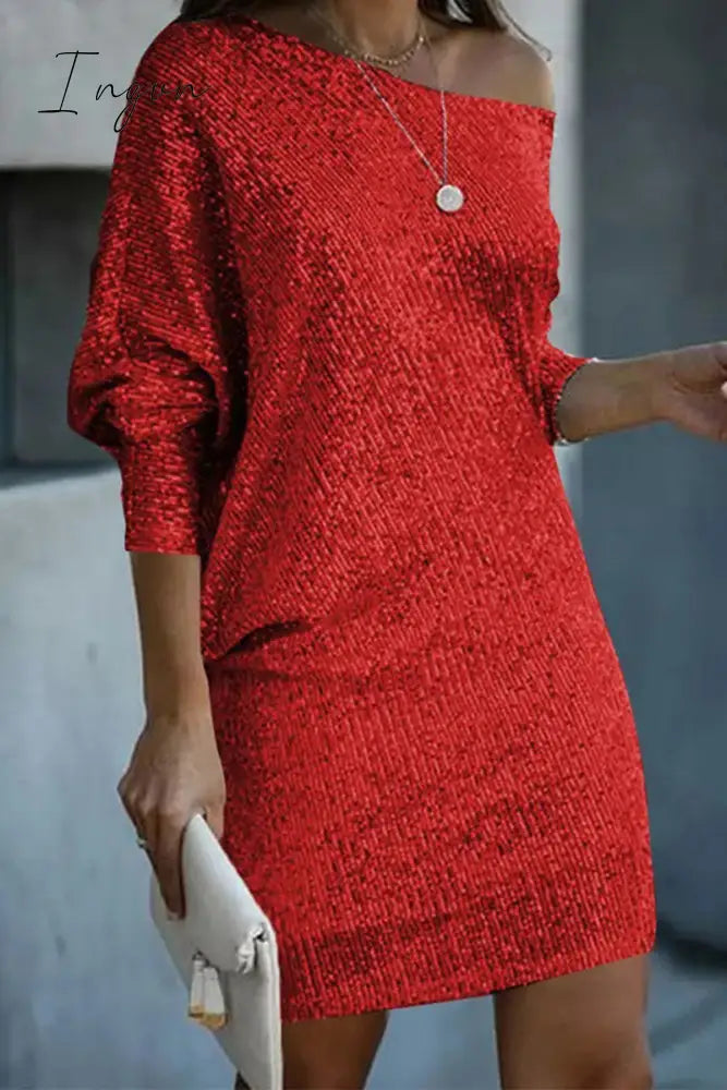 Ingvn - Elegant Solid Sequins Oblique Collar A Line Dresses Red / S Dresses/Casual