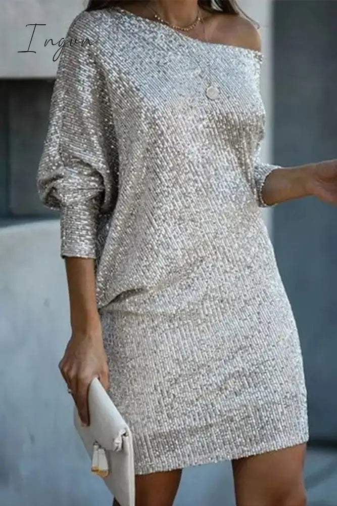 Ingvn - Elegant Solid Sequins Oblique Collar A Line Dresses Silver Gray / S Dresses/Casual