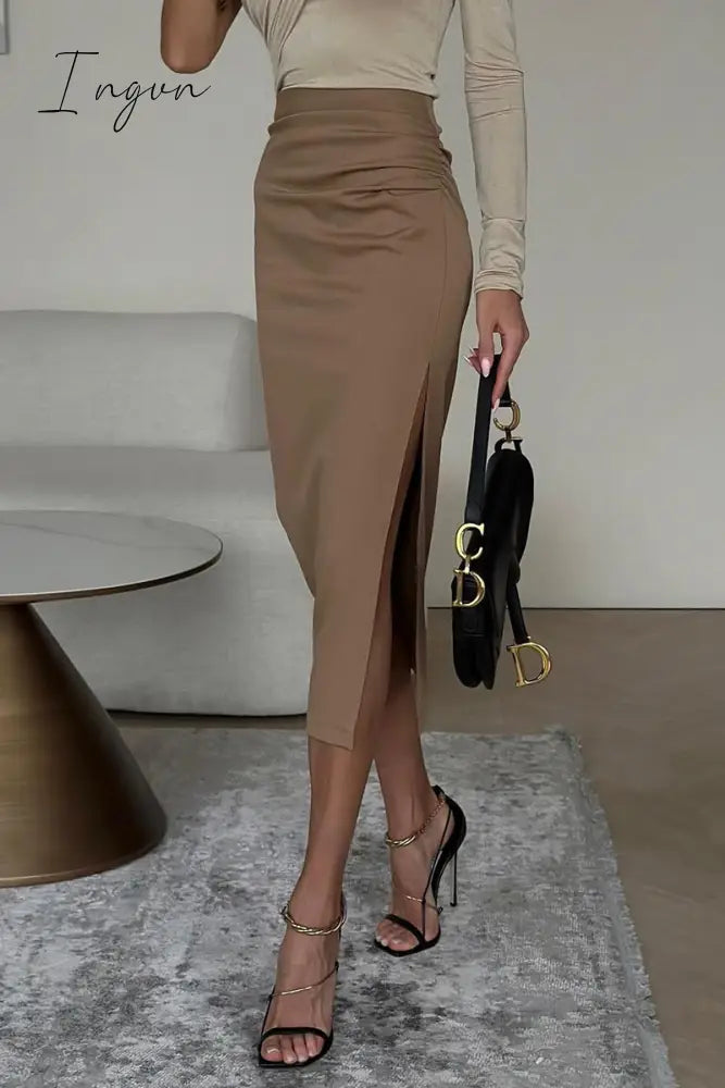 Ingvn - Elegant Solid Slit Fold Regular High Waist Color Bottoms Coffee / S Bottoms/Skirts