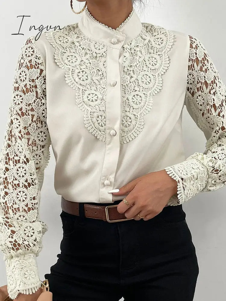 Ingvn - Elegant Women’s Blouse Vintage Lace Spliced Long Sleeve Pink Button Up Woman Shirt Tops