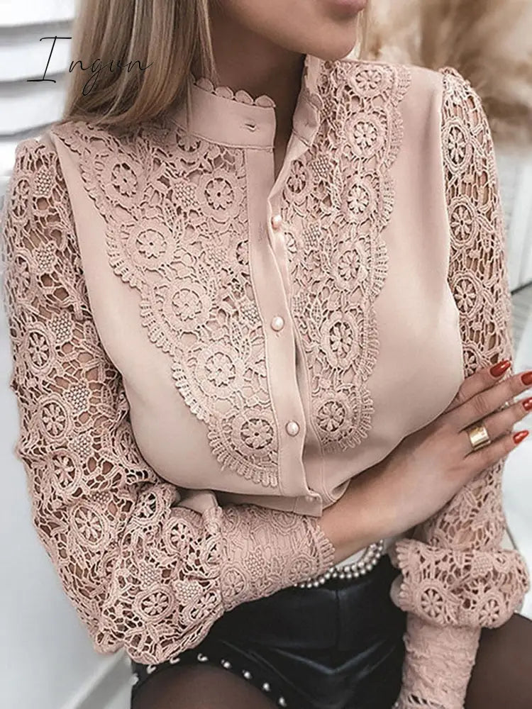 Ingvn - Elegant Women’s Blouse Vintage Lace Spliced Long Sleeve Pink Button Up Woman Shirt Tops