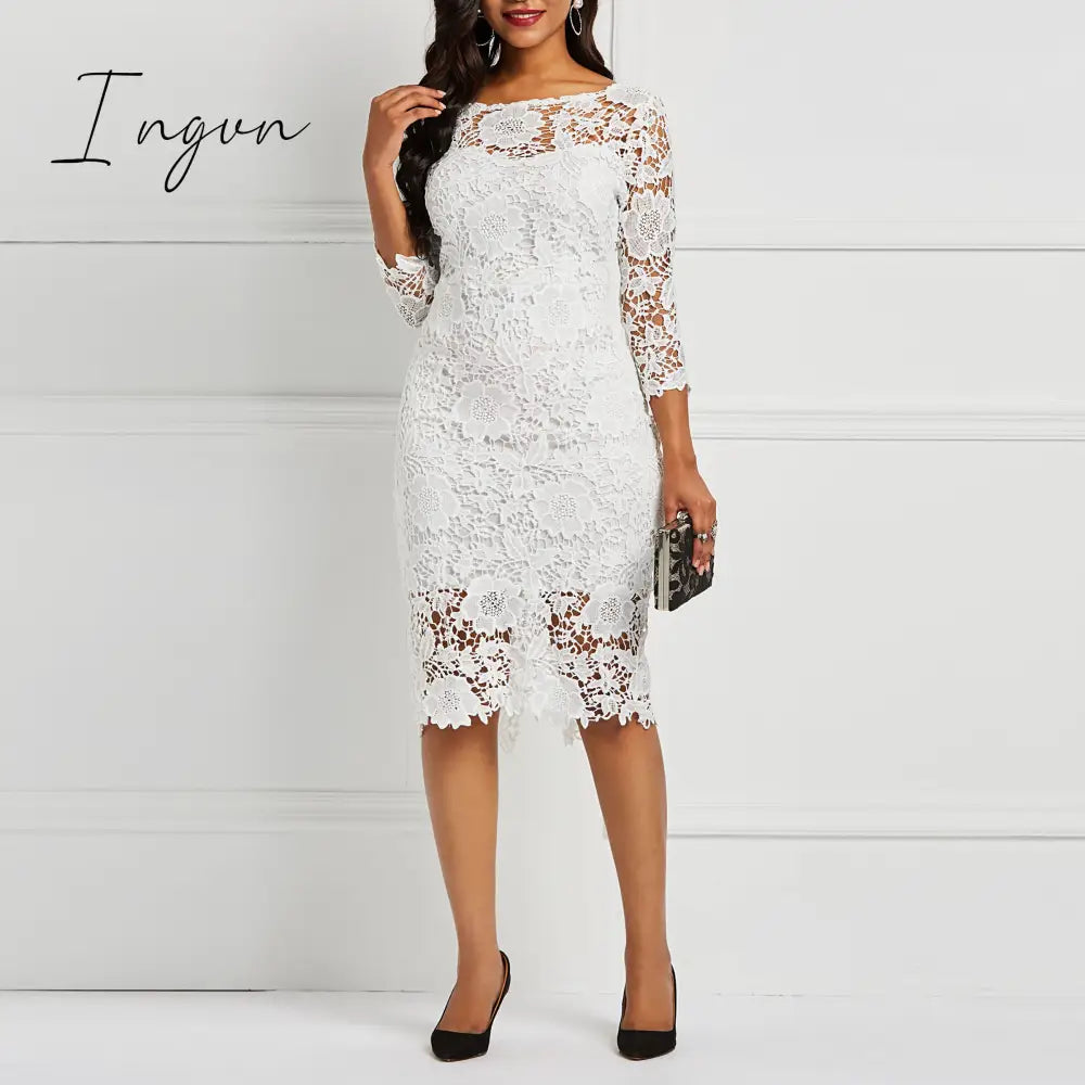 Ingvn - Evening Party Date Women White See Through Hollow Out Floral Lace Bodycon Dress Office Lady