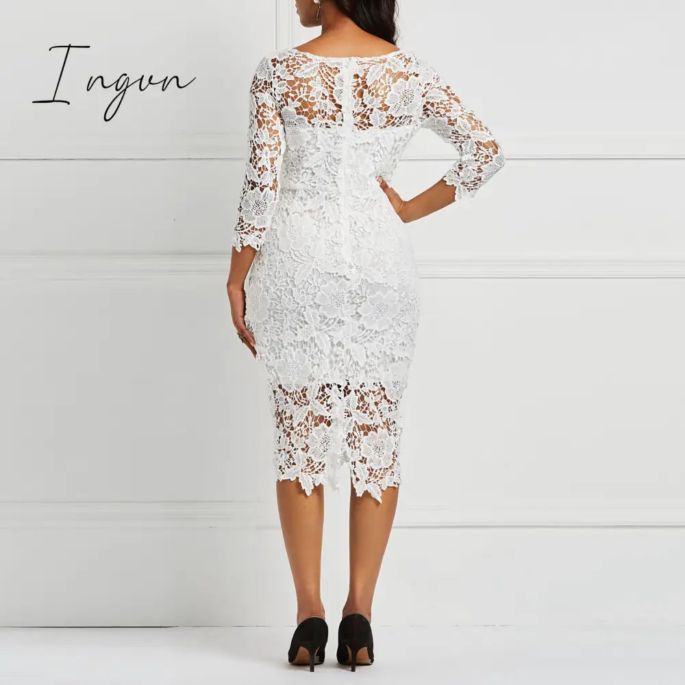 Ingvn - Evening Party Date Women White See Through Hollow Out Floral Lace Bodycon Dress Office Lady