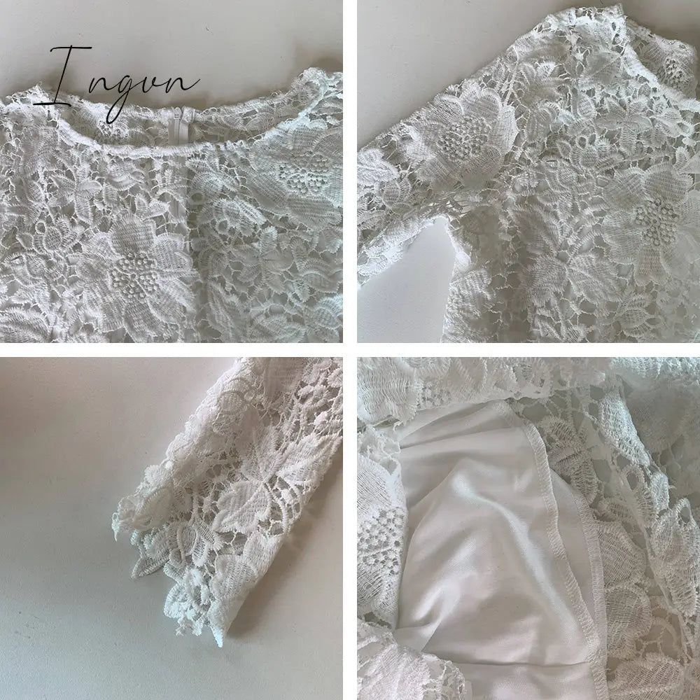 Ingvn - Evening Party Date Women White See Through Hollow Out Floral Lace Bodycon Dress Office Lady