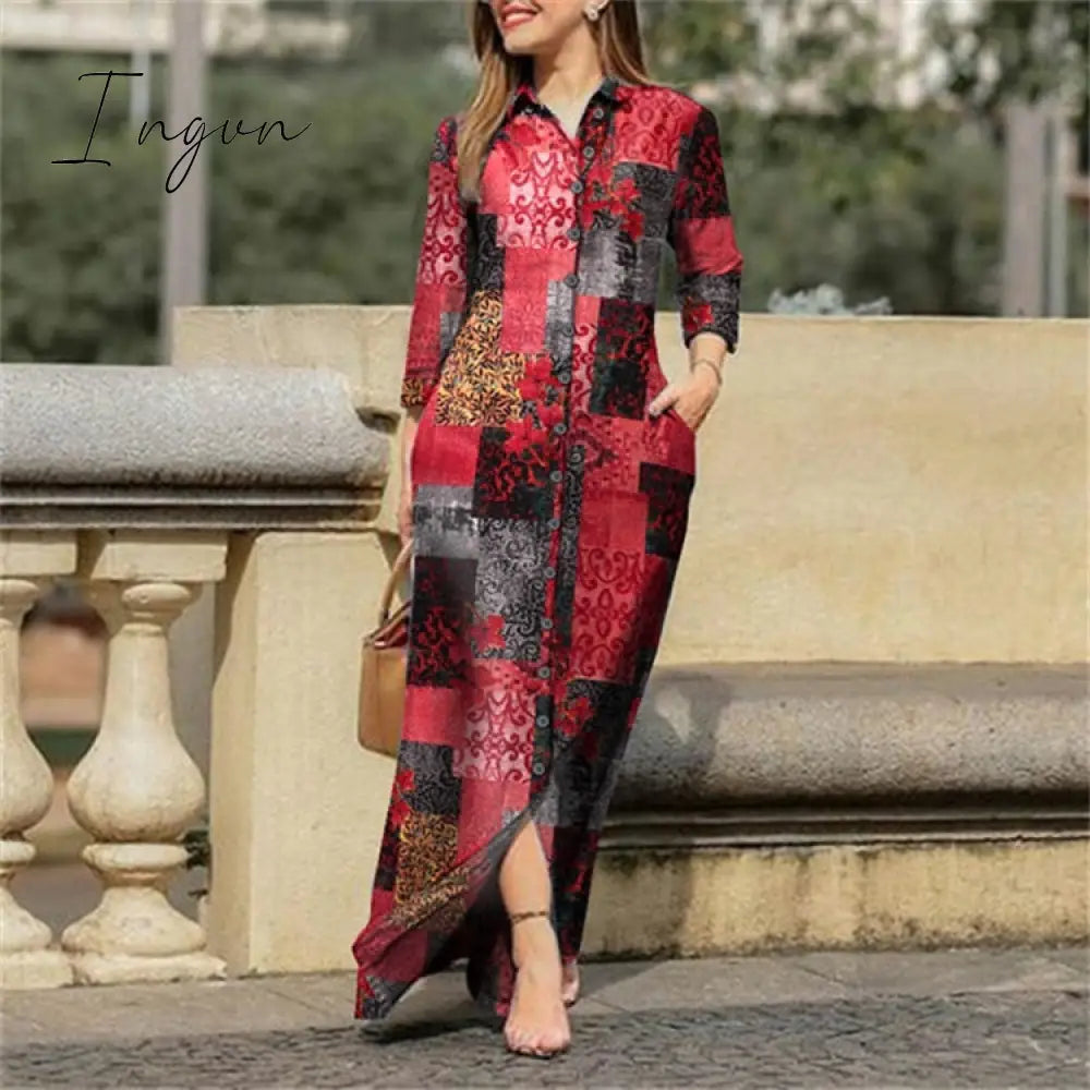 Ingvn - Fall Outfits Autumn Vintage Floral Printed Cotton Dress Women Casual Lapel Collar Button Up