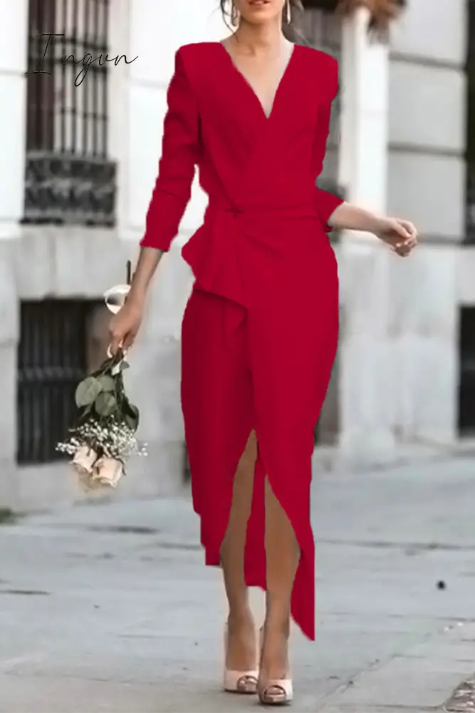 Ingvn - Fashion Elegant Solid Patchwork Asymmetrical V Neck Pencil Skirt Dresses(5 Colors) Burgundy
