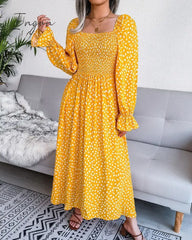 Ingvn - Fashion New Print Square Collar Chiffon Dress Women Elegant Pleated Loose Puff Sleeve Party