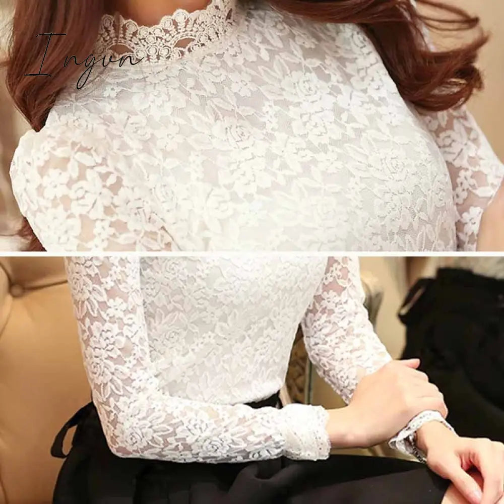 Ingvn - Fashion Plus Size Lace Crocheted Hollow Out Top Stand-Up Collar White Blouse Woman Sweet