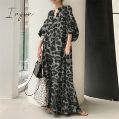 Ingvn - Fashion Printed Maxi Dress Women’s Leopard Sundress Spring Puff Sleeve Long Vestidos