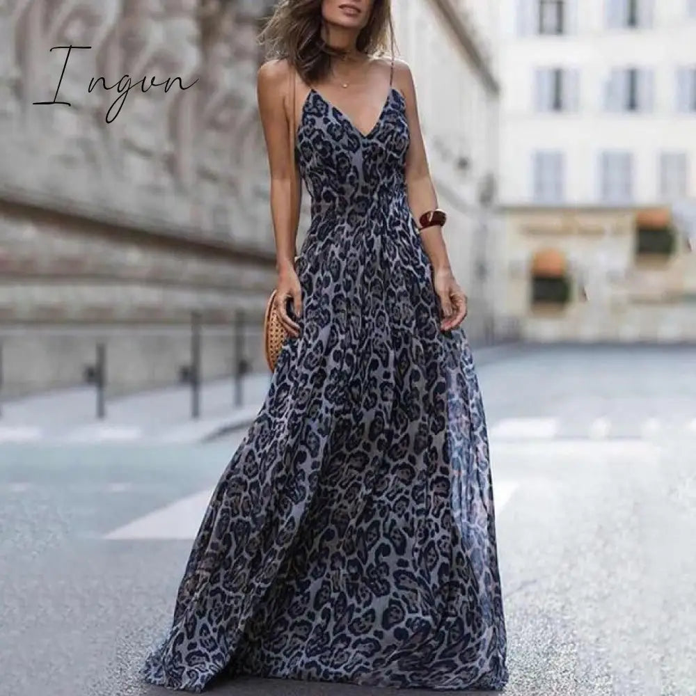 Ingvn - Fashion Sexy Dress Leopard V - Neck Sling Maxi Dresses Women Summer Sleeveless Chiffon