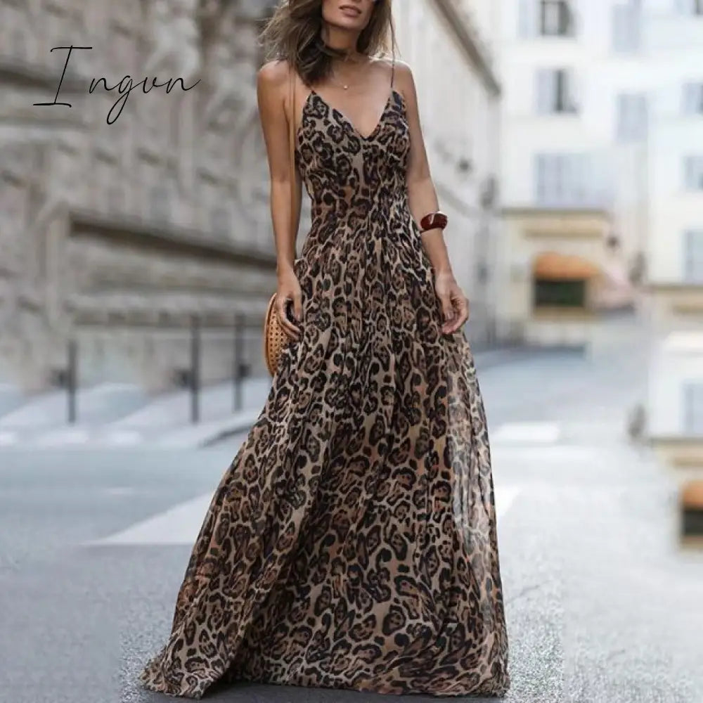 Ingvn - Fashion Sexy Dress Leopard V - Neck Sling Maxi Dresses Women Summer Sleeveless Chiffon