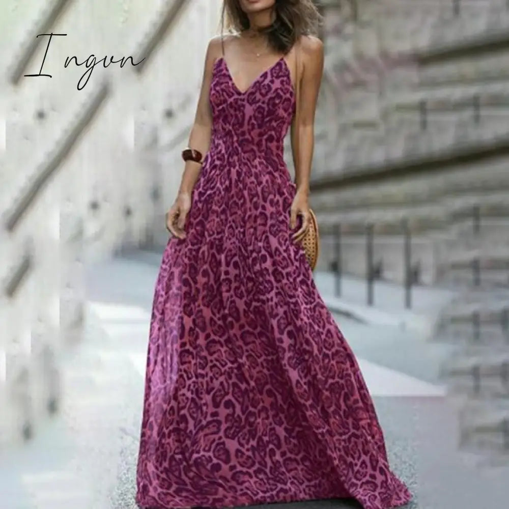 Ingvn - Fashion Sexy Dress Leopard V - Neck Sling Maxi Dresses Women Summer Sleeveless Chiffon