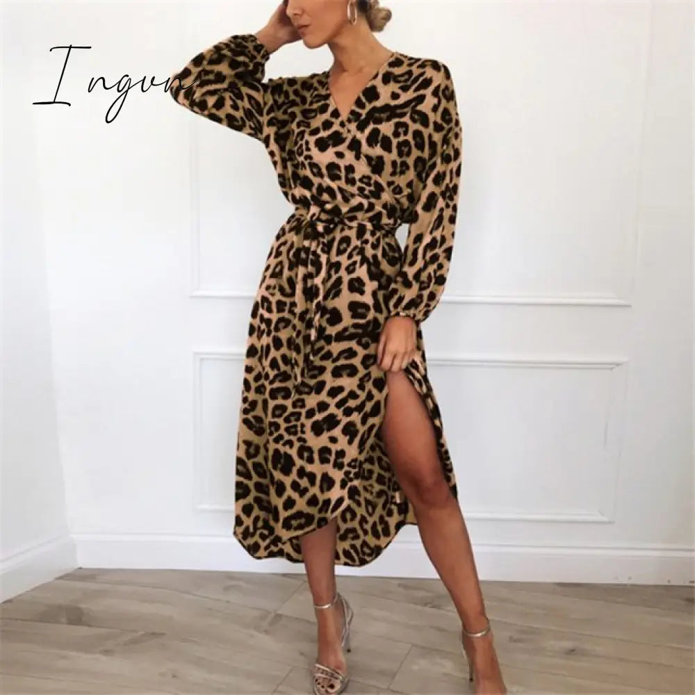 Ingvn - Fashion Sexy Dress Leopard V - Neck Sling Maxi Dresses Women Summer Sleeveless Chiffon