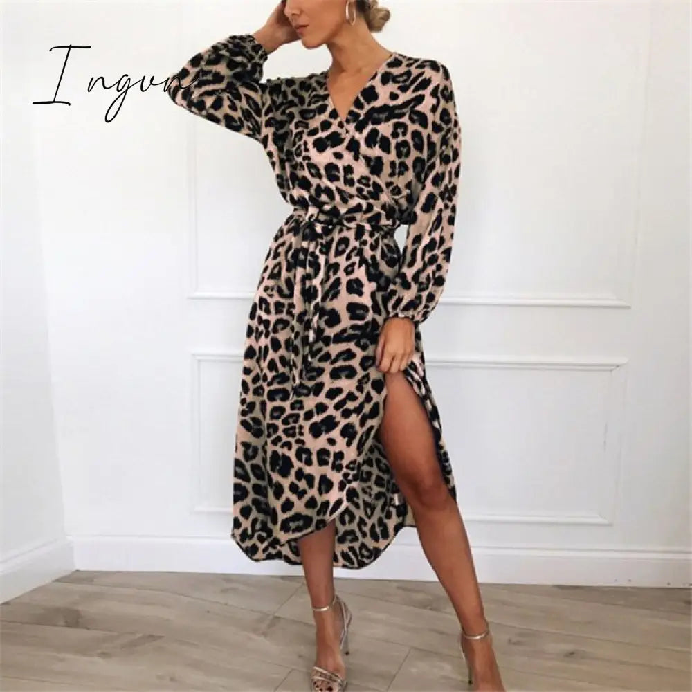 Ingvn - Fashion Sexy Dress Leopard V - Neck Sling Maxi Dresses Women Summer Sleeveless Chiffon