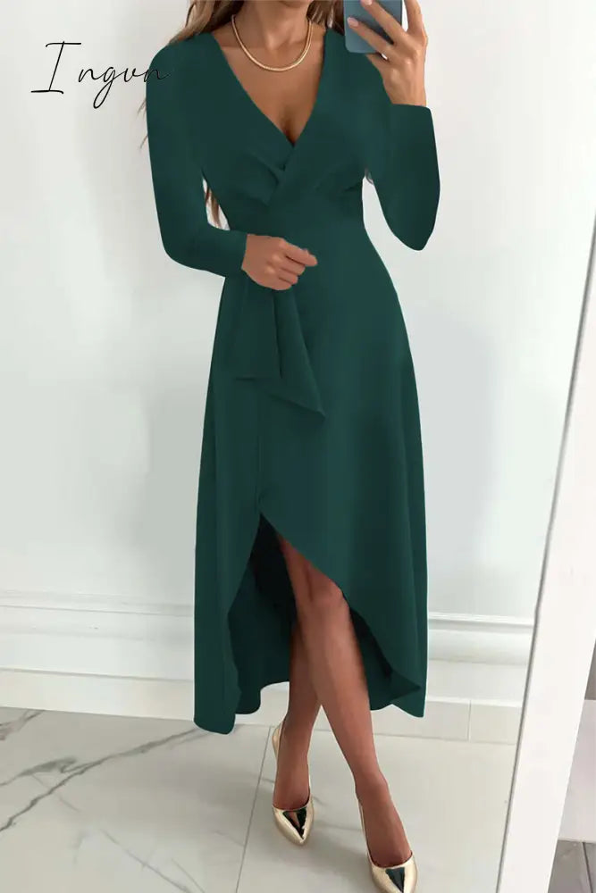 Ingvn - Fashion Solid Patchwork V Neck Asymmetrical Dresses(5 Colors) Green / S Dresses/Long Sleeve