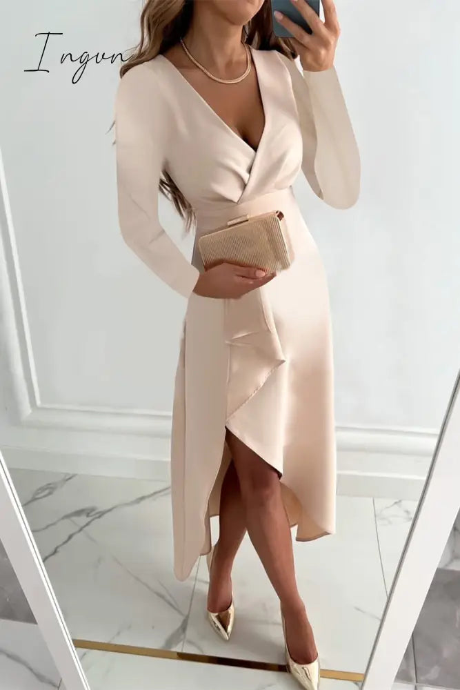 Ingvn - Fashion Solid Patchwork V Neck Asymmetrical Dresses(5 Colors) Khaki / S Dresses/Long Sleeve
